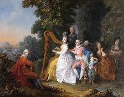 unknow artist An elegant party in the countryside with a lady playing the harp and a gentleman playing the guitar Germany oil painting artist